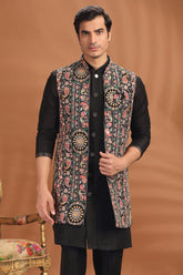 Black Silk Paisley Printed and Sequin Worked Jacket Indo Wester Set